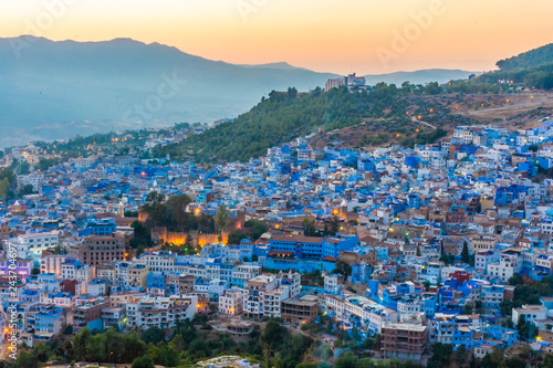 Beautiful sunset over the cityscape of Chefchaouen, the blue city of Morocco
