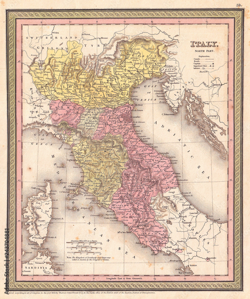 Fototapeta premium 1853, Mitchell Map of Northern Italy, Tuscany, Venice