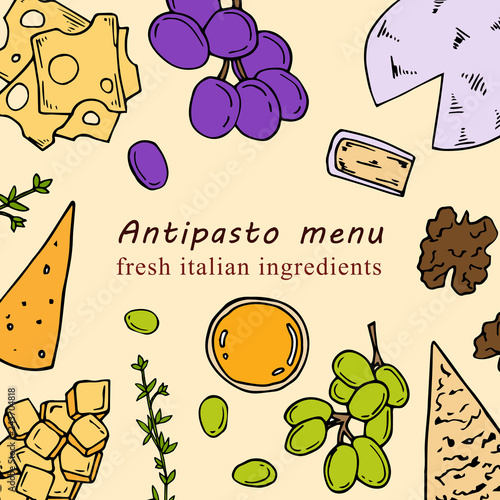Hand drawn illustration of antipasto menu in cartoon style. Perfect for menu, card, textile design
