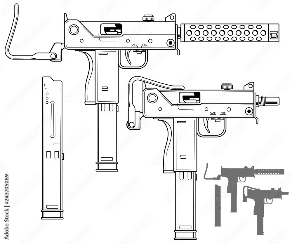 Graphic black and white detailed uzi submachine gun with ammo clip and rifle butt. Isolated on white background. Vector icon set. Vol. 1 Graphic black and white detailed uzi submachine gun with ammo clip and rifle butt. Isolated on white background. Vector icon set. Vol. 1