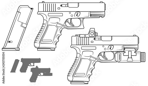 Graphic black and white detailed handgun pistol with ammo clip and flashlight. Isolated on white background. Vector icon set. Vol. 6