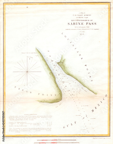 Fotografie 1853, U.S.C.S. Map of Sabine Pass, Texas and Louisiana