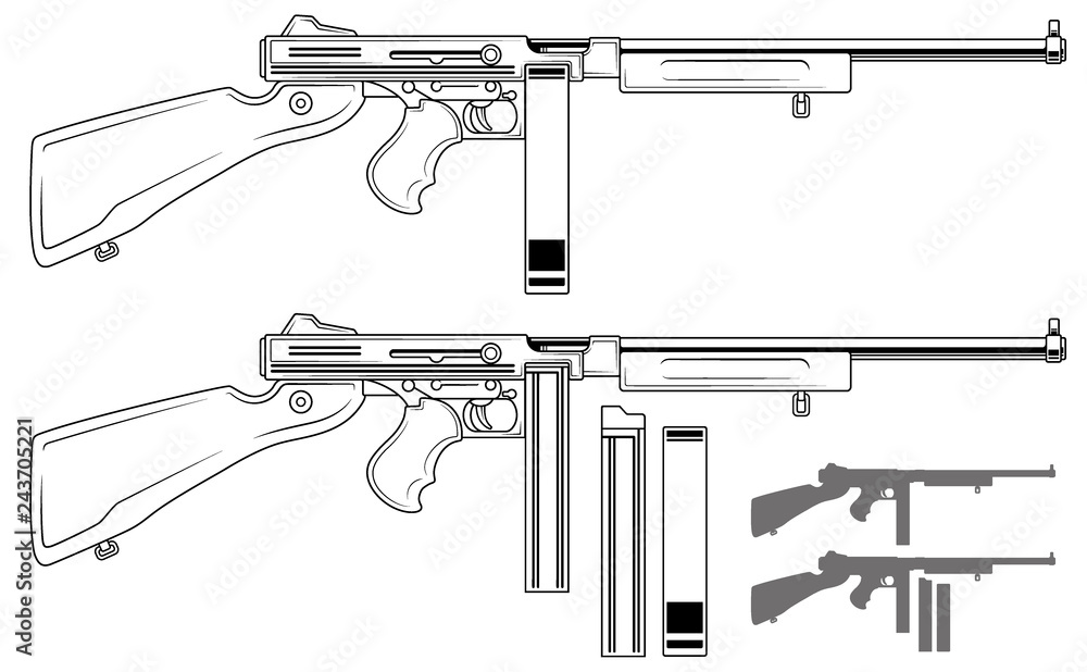 Graphic black and white detailed old retro submachine gun with ammo clip and rifle butt. Isolated on white background. Vector icon set. Vol. 5 Graphic black and white detailed old retro submachine gun with ammo clip and rifle butt. Isolated on white background. Vector icon set. Vol. 5