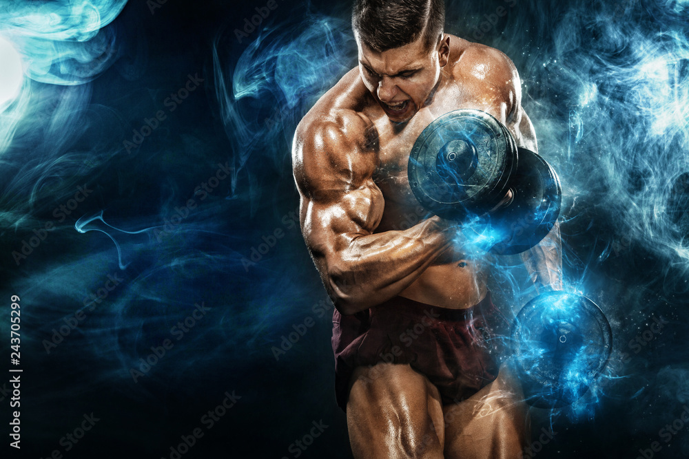 Photo & Art Print Brutal strong muscular bodybuilder athletic man pumping  up muscles with dumbbell on black background