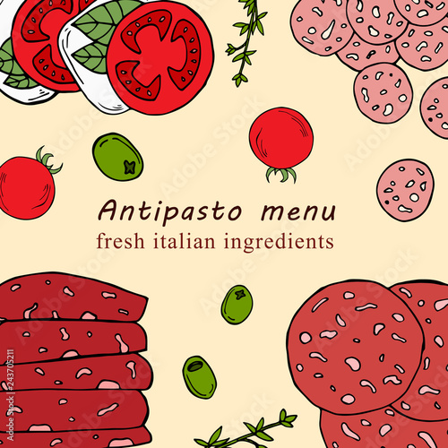 Hand drawn illustration of antipasto menu in cartoon style. Perfect for menu, card, textile design