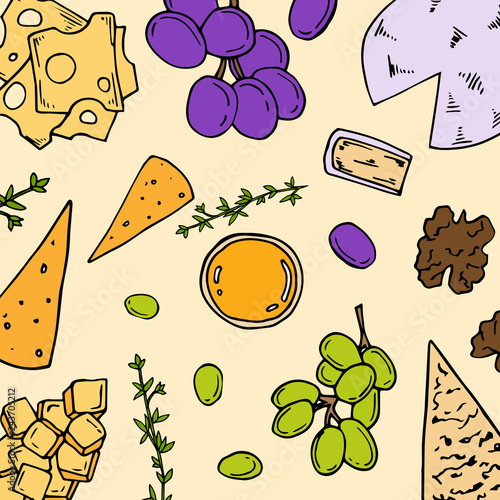 Pre-made card with antipasto ingredients in cartoon style. Vector illustration. Perfect for menu, card, textile design