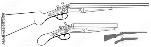 Graphic black and white detailed old retro shotgun rifle with wooden butt. Isolated on white background. Vector icon set.