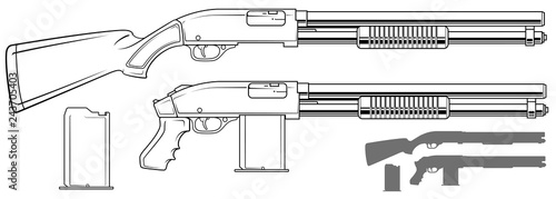 Graphic black and white detailed pump action shotgun rifle with ammo clip and butt. Isolated on white background. Vector icon set. Vol. 1