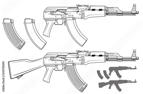 Graphic black and white detailed modern automatic russian assault rifle with ammo clip. Isolated on white background. Vector icon set.