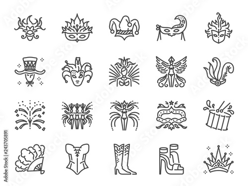 Carnival icon set. Included the icons as mardi gras, celebration, event, cabaret, entertainment and more.