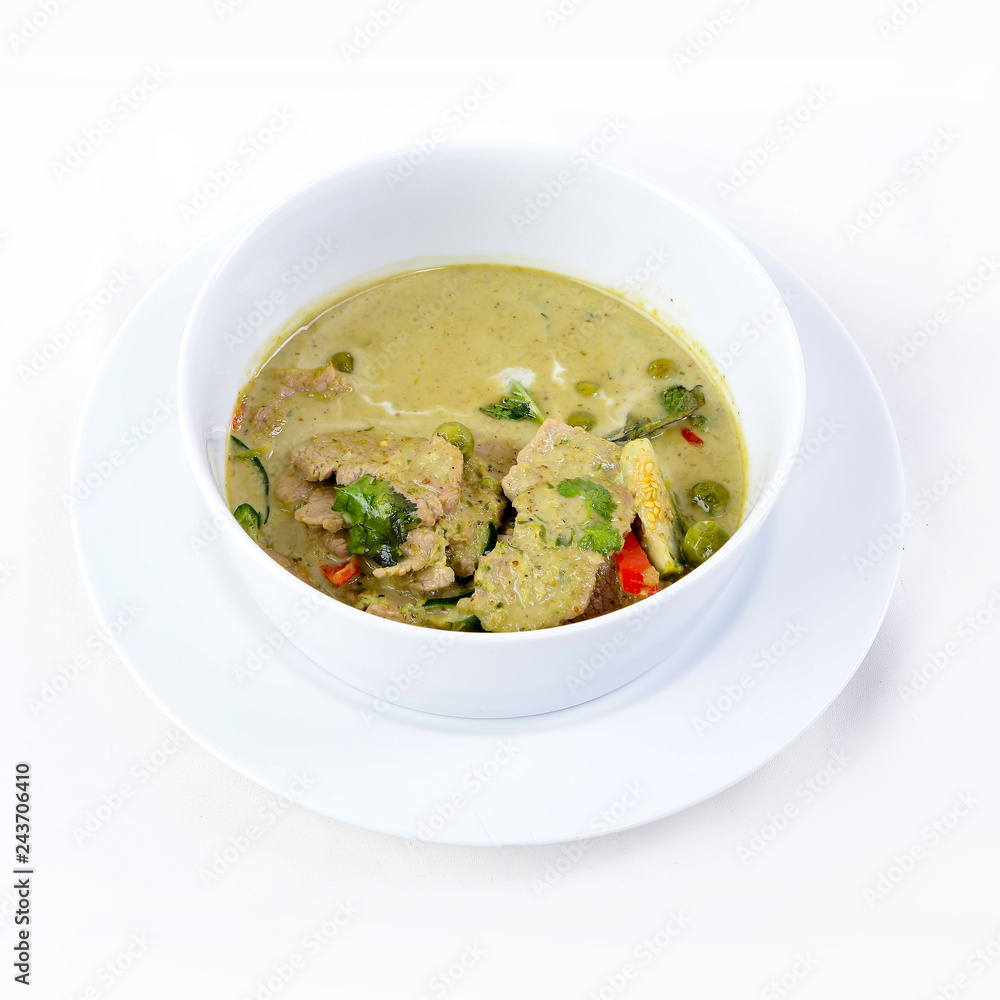 Thai cuisine, Delicious thai food, Green curry in a white bowl Thai cuisine, Delicious thai food, Green curry in a white bowl