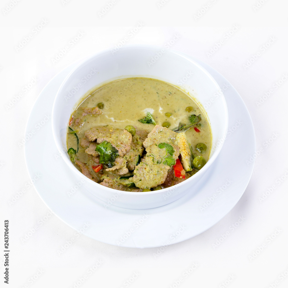 Thai cuisine, Delicious thai food, Green curry in a white bowl Thai cuisine, Delicious thai food, Green curry in a white bowl