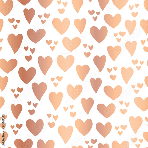 Copper foil Hearts on white background seamless vector pattern. Hand drawn rose golden hearts isolated. Shiny metallic hearts. Elegant, luxury design for Valentines day, card, invitation, wedding