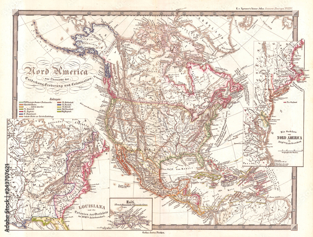 1855, Spruner Map of North America, Overview of Discovery, Conquest and Colonization