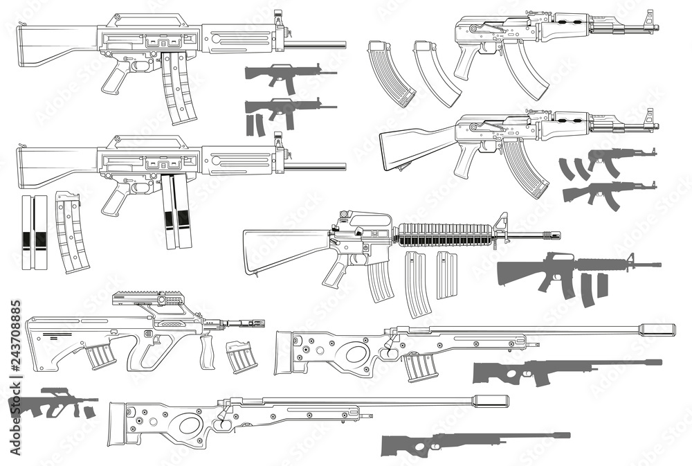 Graphic black and white detailed modern automatic assault and sniper rifles with ammo clip. Isolated on white background. Vector icon set.