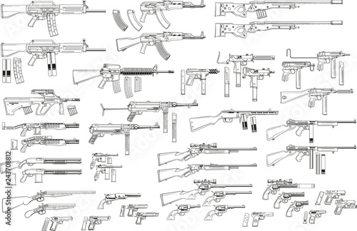 Graphic black and white detailed silhouette pistols, guns, rifles, submachines, revolvers and shotguns. Isolated on white background. Vector weapon and firearm icons set. photo