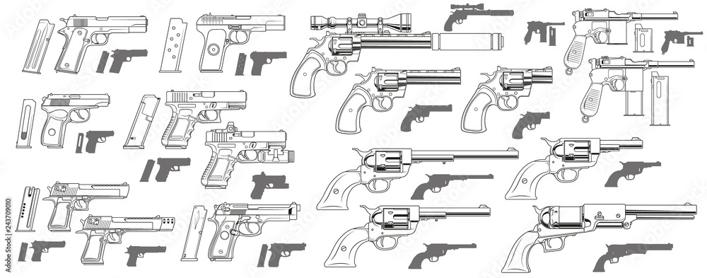 Fototapeta Graphic black and white detailed modern and retro pistols and revolvers with ammo clip. Isolated on white background. Vector icon set.