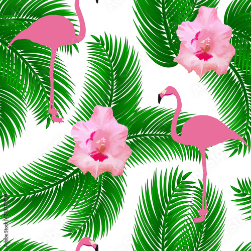 Flamingo exotic seamless pattern. Palm leaf and pink flower decoration, on white isolated background. Vector illustration.