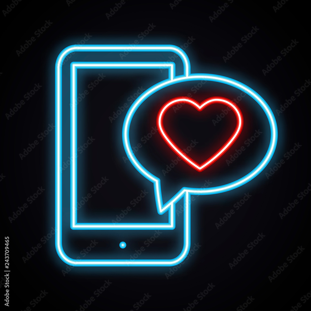 Glowing neon phone with red heart emoji message on screen. Bright light  love sign. Stock Vector | Adobe Stock