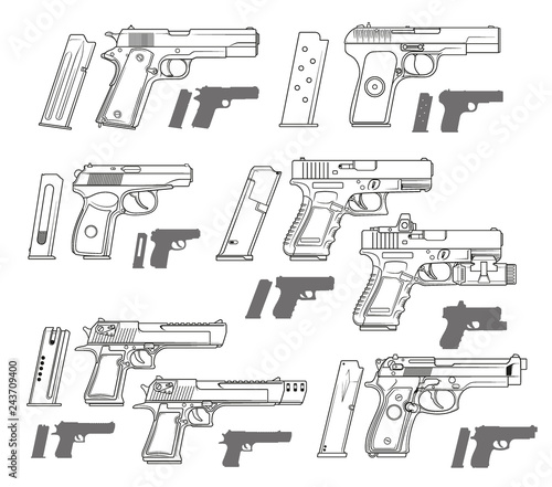 Graphic black and white detailed modern handgun pistols with ammo clip. Isolated on white background. Vector icon set.