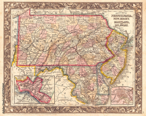 1863, Mitchell Map of Pennsylvania, New Jersey, Delaware and Maryland
