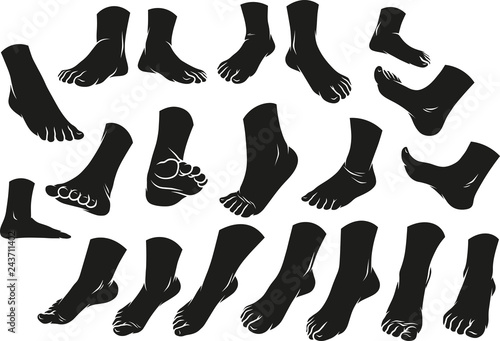 Cartoon black silhouette man or woman foots gesture set. Different foot positions. Vector icons. photo