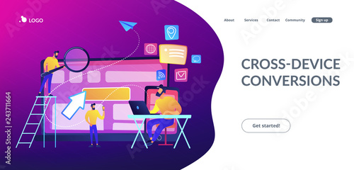 IT specialist identify user across mobile, laptop and tablet. Cross-device tracking and capability, cross-device using concept on white background. Website vibrant violet landing web page template.