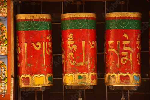 Traditional Buddhist rotating prayer wheels  