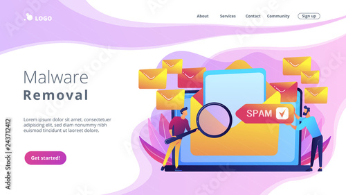 Businessmen get advertising, phishing, spreading malware irrelevant unsolicited spam message. Spam, unsolicited messages, malware spreading concept. Website vibrant violet landing web page template.