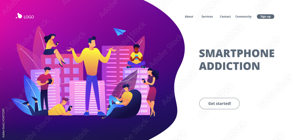 Obraz premium People in the city overusing mobile devices and a man feeling alone. Smartphone addiction, digital disorder, mobile device addiction concept. Website vibrant violet landing web page template.
