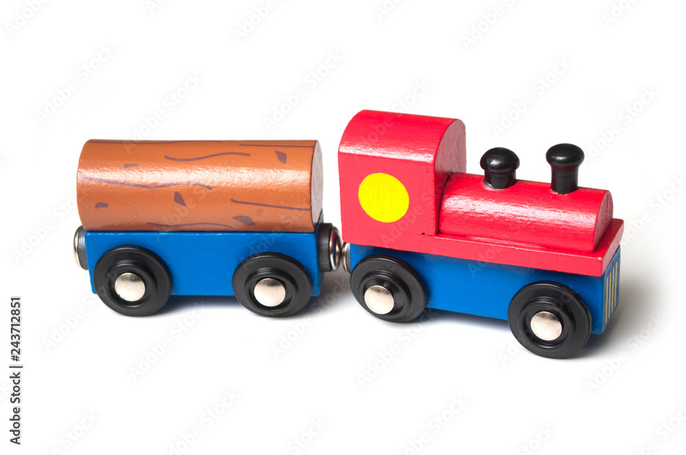 closeup of wooden train toy on white background