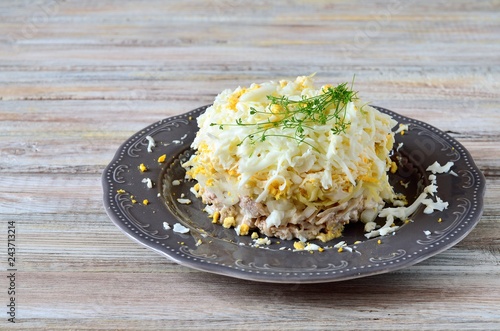 Layered salad with chicken, egg, cheese, potato