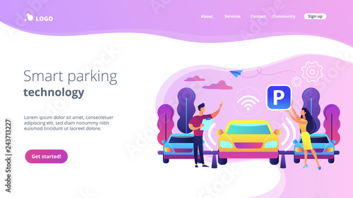 Self-driving car with sensors automatically parked in parking lot. Self-parking car system, self-parking vehicle, smart parking technology concept. Website vibrant violet landing web page template.