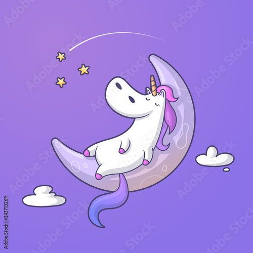 Cute unicorn sleeping and dreaming on the moon vector illustration