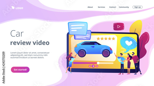 Customers like video with experts and modern car review with rating stars. Car review video, test-drive channel, auto video advertising concept. Website vibrant violet landing web page template.