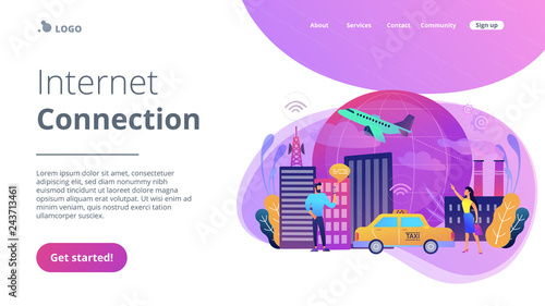 People with smartphones around modern facilities connected to global web network with wi-fi signs. Internet of things, IoT infrastructure and smart city concept. Website landing web page template.