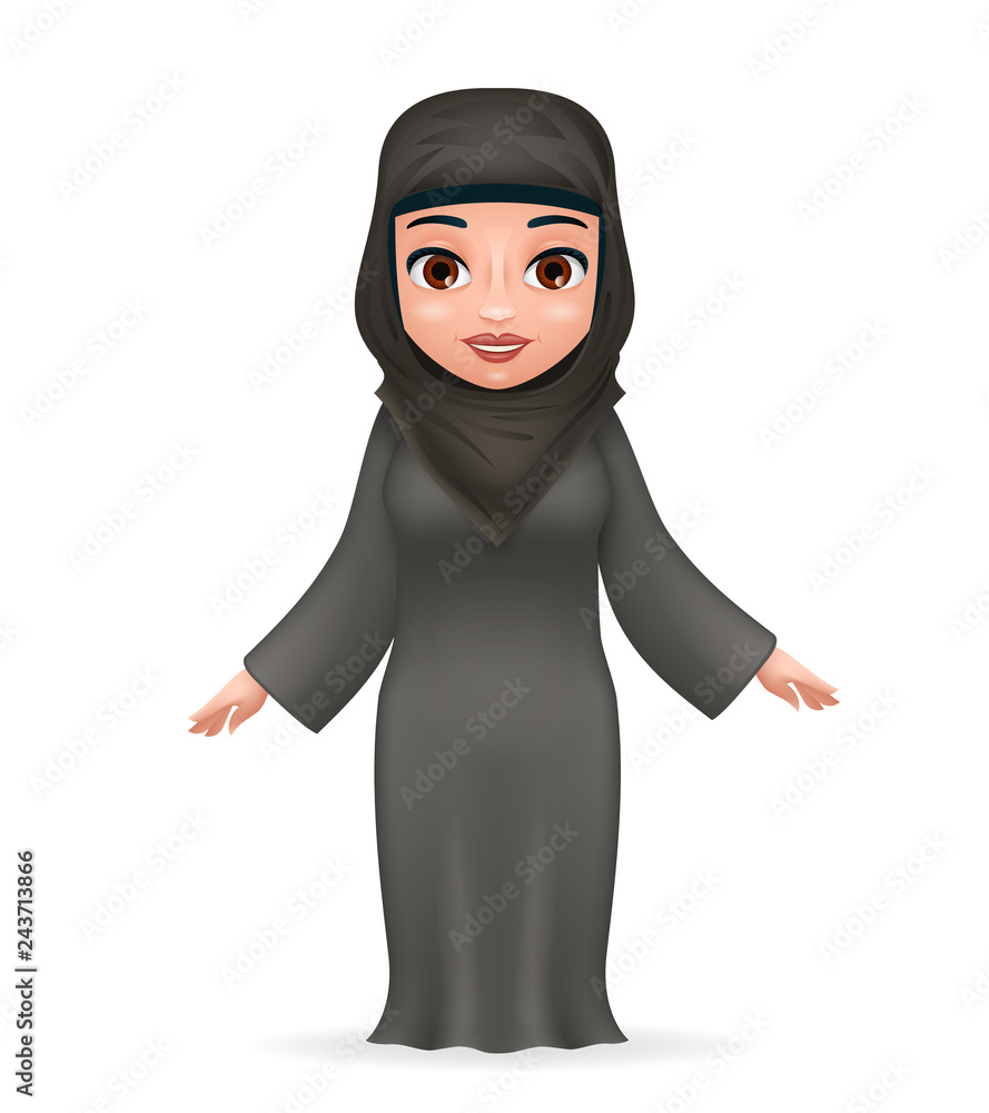 Arab tradidcional cute female clothing hijab abaya 3d cartoon character  design vector illustration Stock-Vektorgrafik | Adobe Stock