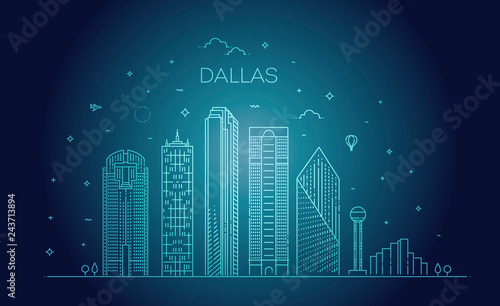 Texas Dallas architecture line skyline illustration. Linear vector cityscape with famous landmarks