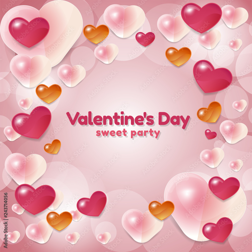 Happy Valentines day concept with 3d hearts for poster and greeting card, vector illustration