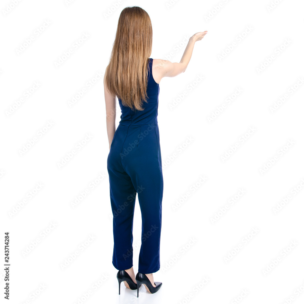 Woman black in high heels shoes smile fashion beauty goes showing on white background isolation, back view Woman black in high heels shoes smile fashion beauty goes showing on white background isolation, back view