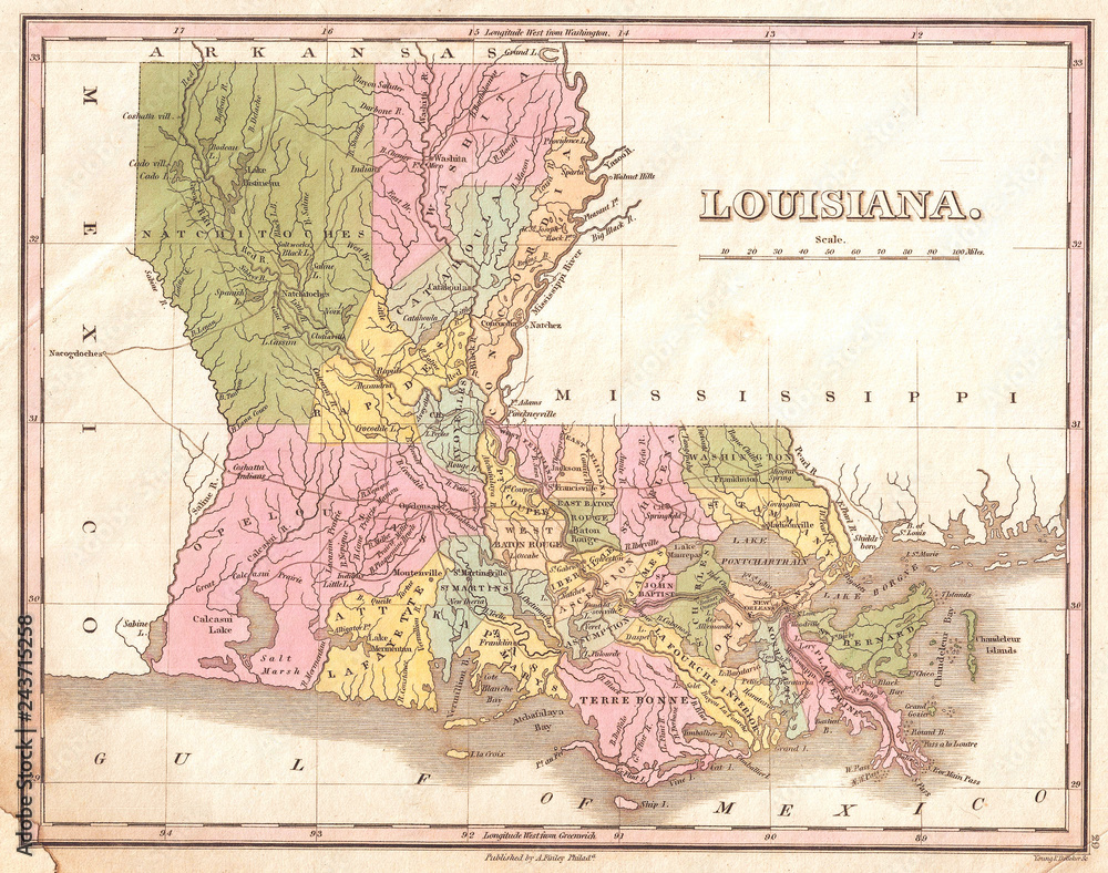 1827, Finley Map of Louisiana, Anthony Finley mapmaker of the United States in the 19th century