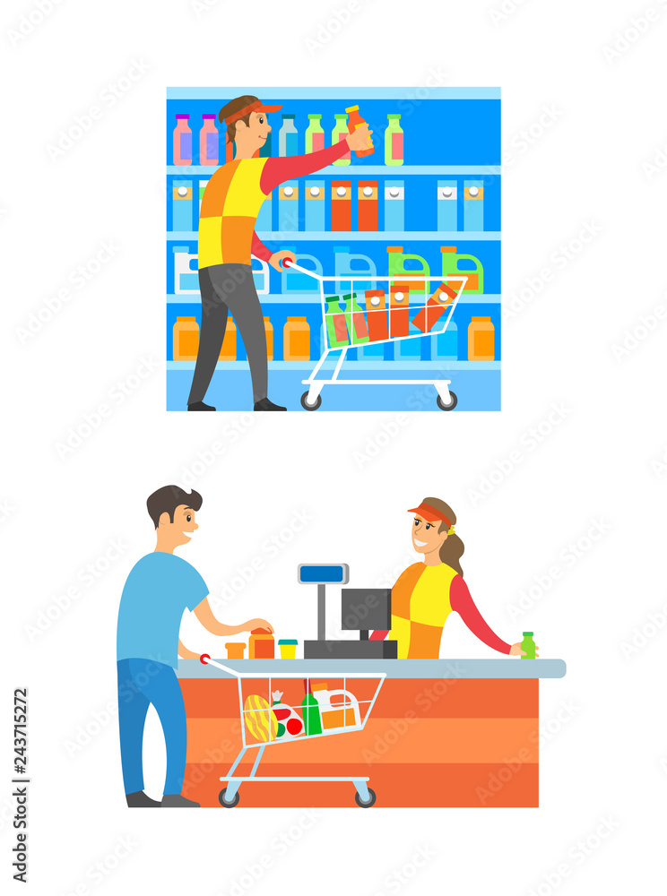 Supermarket Cashier and Merchandiser Set Vector