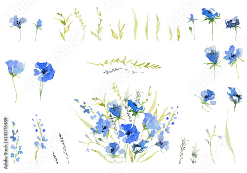 Rustic bouquet with collection of gentle blue flowers. Botanic composition for wedding or greeting card. Isolated on white background. Watercolor illustration