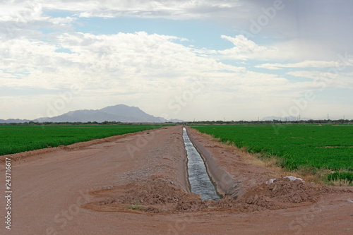 Dirt road and irrigation ditch through the farm fields