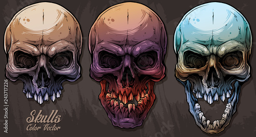 Detailed graphic realistic cool colorful human skulls with broken teeth. On grunge background. Vector icon set.
