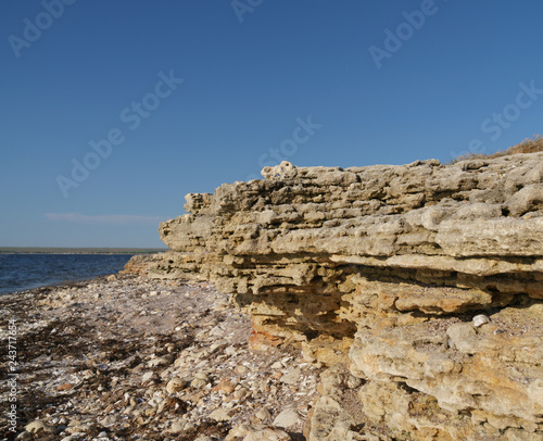 Sea aerial view, Top view, amazing nature background.The color of the water and beautifully bright. Azure beach with rocky mountains and clear water of Crimea at sunny day