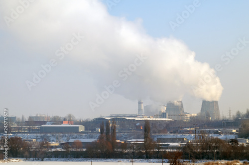 Thermal power plant with chimneys  industrial landscape