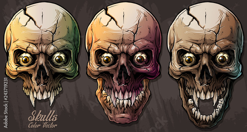 Detailed graphic realistic cool colorful human skulls with sharp canines, crazy eyes and cracks. On gray grunge background. Vector icon set.