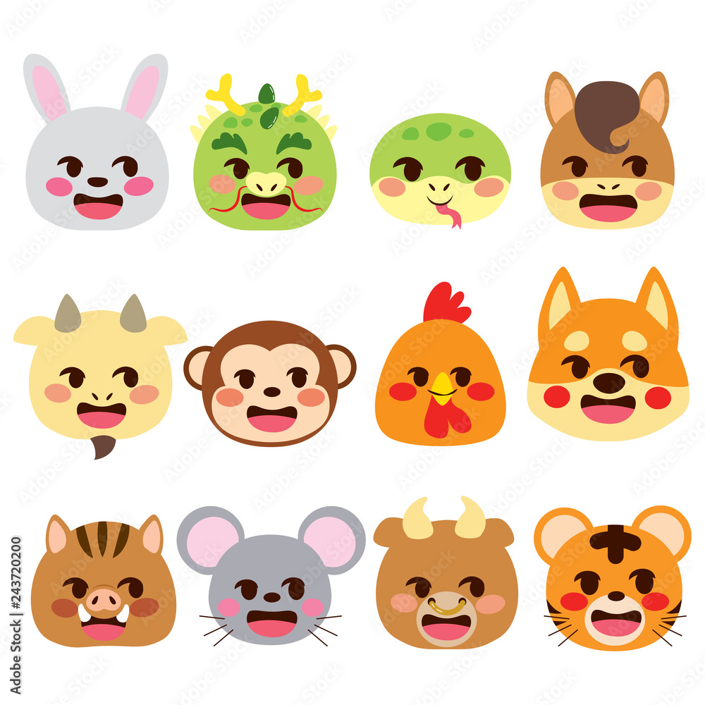 Cute Chinese Zodiac signs emoji flat color style animals