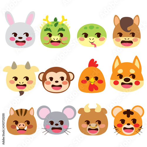 Cute Chinese Zodiac signs emoji flat color style animals